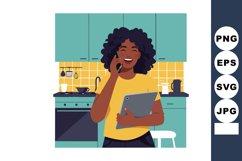 Woman talking on phone holding tablet in modern kitchen inte Product Image 1