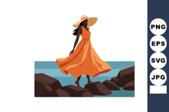 Woman walking on rocks near sea wearing orange dress and wid Product Image 1