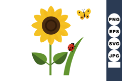 Sunflower with ladybug on leaf and yellow butterfly vector i Product Image 1