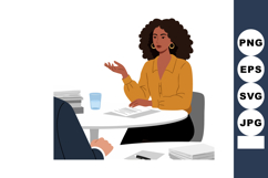 Woman in mustard blouse discussing documents at round white Product Image 1