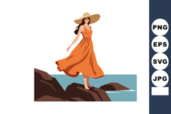 Woman in flowing orange dress and wide brim hat walking on s Product Image 1