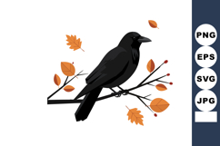 Black Crow Bird Sitting on Branch with Autumn Leaves Seasona Product Image 1