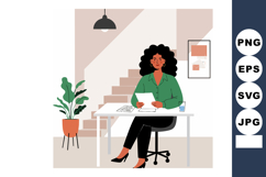 Woman with curly hair reading documents at modern home offic Product Image 1