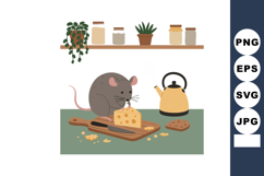 Cute mouse eating cheese on wooden board with kitchen kettle Product Image 1