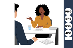 Businesswoman in mustard blouse talking during office meetin Product Image 1