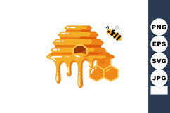 Beehive with dripping honey and flying bee illustration in o Product Image 1