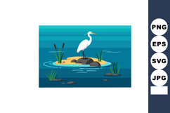 White Egret Bird Standing on Rocky Island in Blue Water Vect Product Image 1