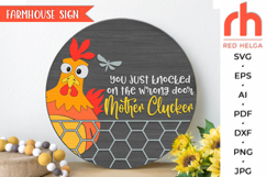 you just knocked on the wrong door, mother clucker sign svg, farm hanger svg, welcome door sign svg, farmhouse sign dxf, round hanging sign svg, laser cut file, layered sign svg, western sign svg, quirky chicken sign svg, countryside sign svg