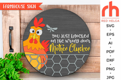 you just knocked on the wrong door, mother clucker sign svg, farm hanger svg, welcome door sign svg, farmhouse sign dxf, round hanging sign svg, laser cut file, layered sign svg, western sign svg, quirky chicken sign svg, countryside sign svg
