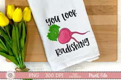 You look Radishing quote with a hand drawn radish on a white kitchen towel mockup
