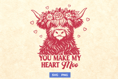 You Make My Heart Moo SVG | Cute Highland Cow Valentine PNG Product Image 1