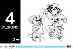 Boy giving a high five to a smiling dinosaur friend