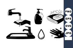 Hand washing hygiene icons with soap dispenser faucet water Product Image 1