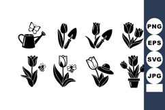 Tulip flowers with gardening tools and insects vector black Product Image 1