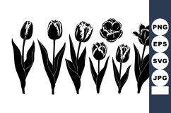 Black silhouette tulip flowers with leaves on white backgro Product Image 1