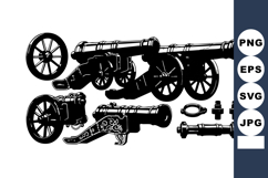 Vintage antique cannons and artillery pieces in black silhou Product Image 1