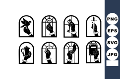 Vintage hand holding various objects in arched windows vecto Product Image 1