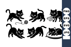 Black cats playing with yarn fish and resting on pillow vect Product Image 1