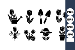 Tulip flower gardening tools and bee vector icons with wate Product Image 1