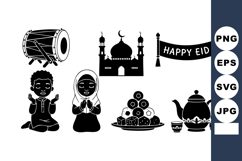 Eid celebration vector with praying children mosque tea swe Product Image 1