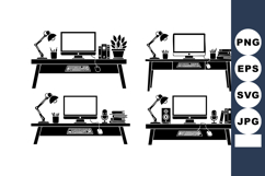 Modern black and white office desk up with computer and book Product Image 1