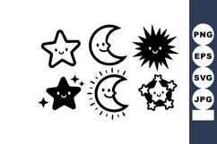 Cute smiling moon star and sun cartoon faces vector illustra Product Image 1