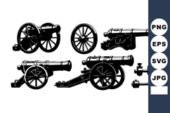 Vintage black cannons and wheels historical artillery weapo Product Image 1