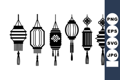 Traditional Asian hanging lanterns black silhouette vector Product Image 1