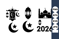 Islamic crescent moon star mosque lanterns 2026 vector icons Product Image 1