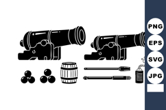 Old style black cannon with cannonballs, barrel, lit fuse an Product Image 1