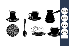Turkish coffee with traditional cup, cezve pot, spoon, suga Product Image 1