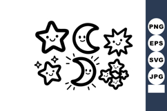 Cute smiling stars and crescent moons in black and white han Product Image 1