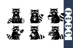 Cute raccoon vector holding different autumn objects in bla Product Image 1