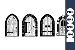 Medieval wooden doors with stone arch frames in black and wh Product Image 1
