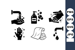 Hand washing hygiene icons with soap water faucet and towel Product Image 1