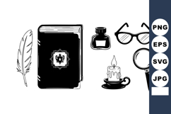 Vintage writer tools ink bottle feather pen old book candle Product Image 1