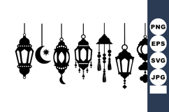 Traditional Islamic lanterns and crescent moon black silhoue Product Image 1