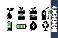 Biofuel and green energy icons with fuel barrels battery sy Product Image 1