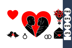 Romantic couple silhouette with heart symbol love icons wedd Product Image 1