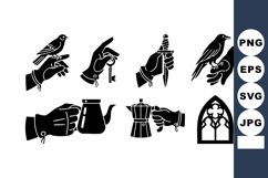 Vintage hand silhouette holding bird, key, coffee pot, and s Product Image 1