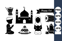 Eid celebration vector with praying children mosque silhouet Product Image 1