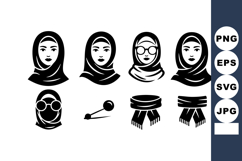 Women head icons with hijab and scarf styles in simple black Product Image 1