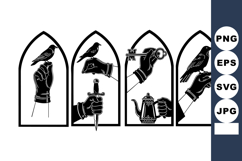 Gothic style black silhouette hands holding bird, dagger, te Product Image 1