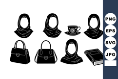 Vector of black hijab woman faces with purse handbag coffee Product Image 1