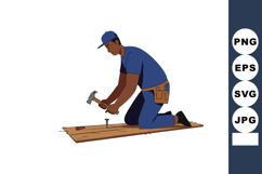 Carpenter wearing blue outfit hammering nail on wooden plank Product Image 1