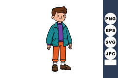 Boy wearing teal jacket purple sweater and orange pants stan Product Image 1