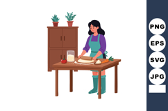 Woman rolling dough on wooden table with vegetables and kitc Product Image 1