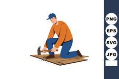 Man Wearing Cap Hammering Nails on Wooden Surface Constructi Product Image 1