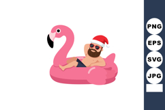 Man Relaxing in Pink Flamingo Pool Float Wearing Santa Hat a Product Image 1