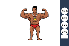 Muscular man flexing arms with gold medal in red briefs body Product Image 1